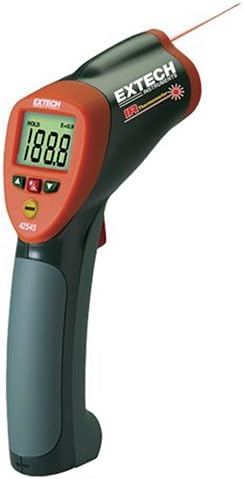 Extech 42545 High Temperature Infrared Thermometer | -58 to 1832F (-50 to 1000C), 50:1 optics, laser pointer, adjustable emissivity, Hi/Lo alarm, 9V