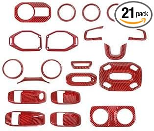 CheroCar 21PCS Full Set Interior Decoration Trim Kit for 2018-2021 Jeep Wrangler JL JLU & Gladiator JT Steering Button Frame, Air Conditioning Vent, Reading Light, Speaker (Red Carbon Fiber)…