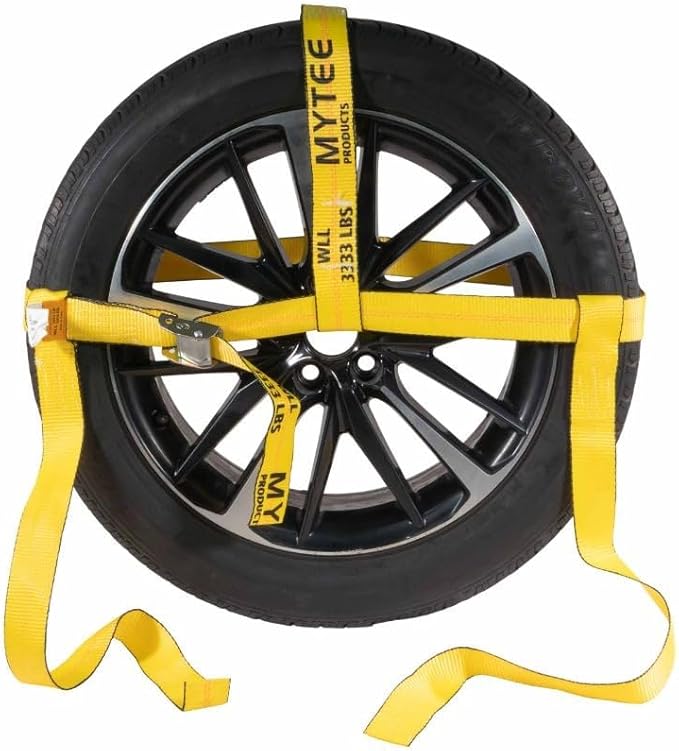 Mytee Products 8 Pack 2" x 120" Yellow Side Mount Wheel Tie Down Strap with Flat Hook & Dual Ratchet – 3,333 lbs WLL Wheel Net Fits 14–17" Tires, Heavy Duty Vehicle Tie Down Strap for Car Hauling