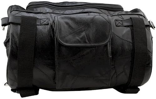 Motorcycle Bag - Barrel Style - All Genuine Black Leather - Fits Any US Bike - Extra Storage Pockets Featuring Rugged Construction - 14 3/4" × 9 3/4" × 9 3/4"