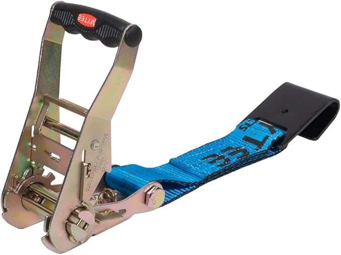 Mytee Products 8 Pack 2" x 120" Car Tie Down Straps for Trailer with Flat Hook - 3333 LB WLL Blue Lasso Style Tire Strap for Car Trailer with Ratchets - Vehicle Tie Down Wheel Straps for Hauling Cars