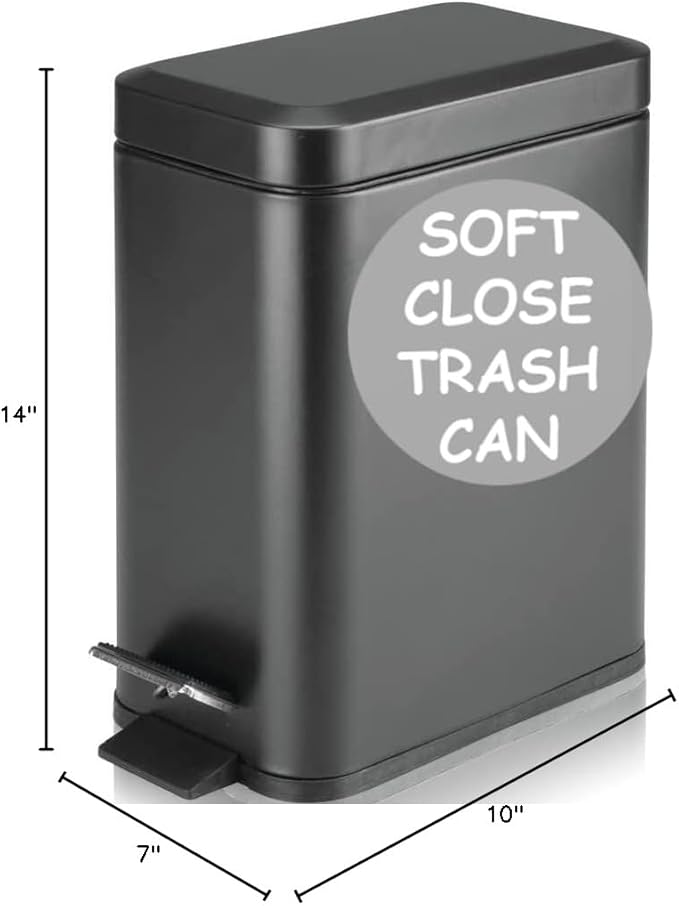 Homie Soft Close, Slim Trash Can 1.6 Gallon with Anti - Bag Slip Liner and Lid, Use as Mini Garbage Basket, Slim Dust Bin, or Decor in Bathroom, Restroom, Kitchen, or Bedroom (Matte Black)