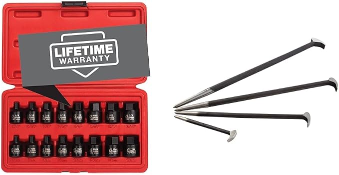 Sunex 3646 16-Piece 3/8" Drive Impact Hex Driver Set with Sunex 9804 4-Piece Rolling Head Pry Bar Set, 6" - 20"