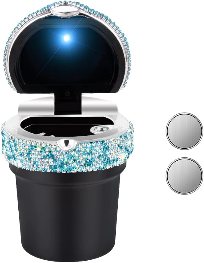 eing Car Ashtray Portable Bling Cigarette Smokeless Cylinder Cup Holder with Blue LED Light Indicator and 2 Replacement Batteries,Car Accessories for Women,Ideal for Car,Home and Office,1-Pack Blue