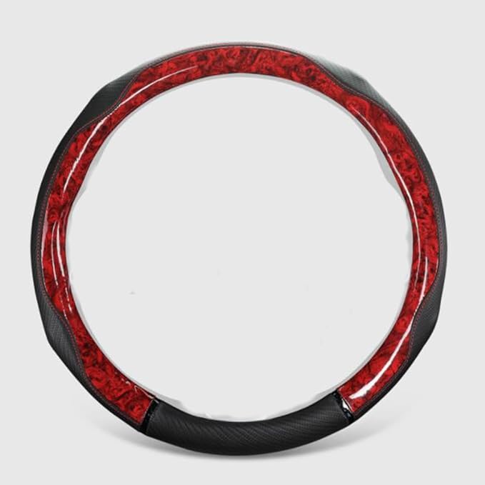 Peach Wood Grain Steering Wheel Cover Anti-Slip Breathable Durable Leather Four Seasons Universal 15 Inch Car Wrap Cover (Red)