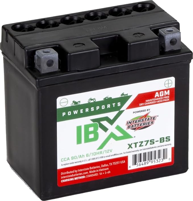 Interstate Batteries YTZ7S-BS 12V 6Ah Powersports Battery 90CCA AGM Rechargeable Replacement for Honda, Kawasaki, Yamaha Motorcycles, Scooters, ATVs (XTZ7S-BS)