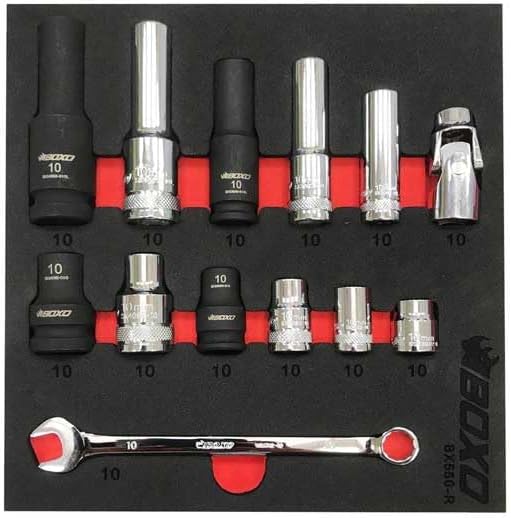 BOXO USA 10mm Socket and Wrench Rescue Kit - 13 Piece Set in Deep EVA Foam Tool Storage Solution - 1/4”, 3/8” and 1/2” 6-Point Chrome and 6-Point Impact Socket