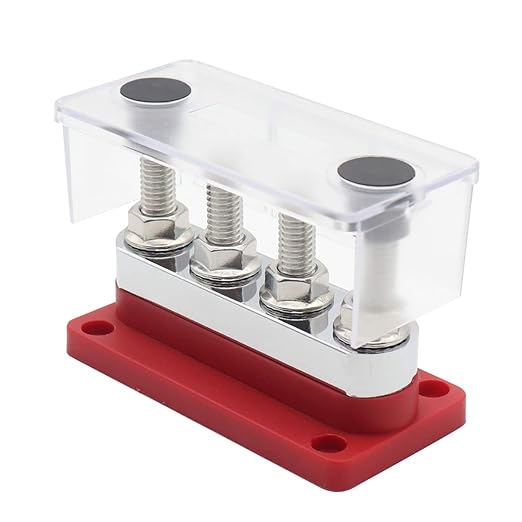 Heavy DUty BusBar Copper Ground Power Distribution Block 12V-48V 600A with 4X 3/8" Posts Terminal, Marine Bus Bar, High Current DC Battery Buss Bar with Cover for Car RV Solar Trucks Yacht, Red