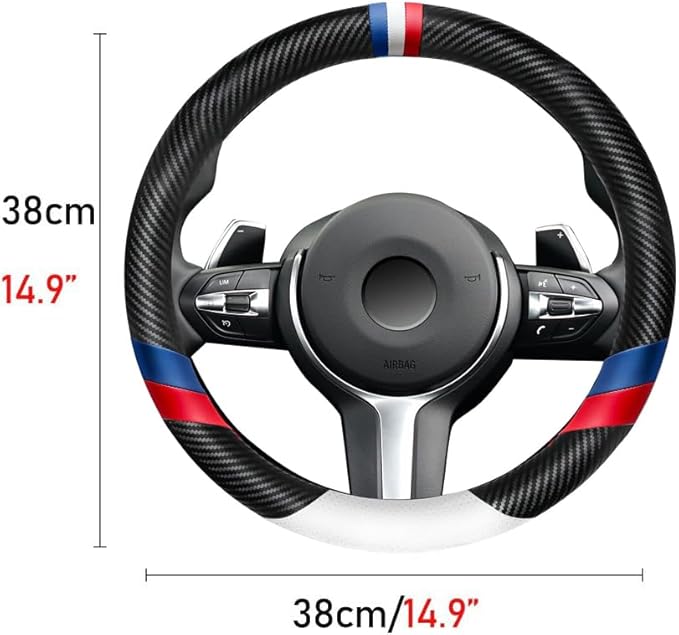 Carbon Fiber Leather Sport Car Steering Wheel Cover Sports Steering Wheel High-Grade Leather Set Stylish Non-Slip Leather car Interior 15 inches for All Car Steering Wheel Cover