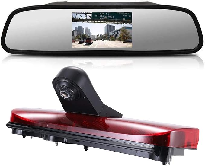 HD IP68 Auto Transporter Brake Light Roof Rear View Reversing Backup Camera Parking System with Angle Adjustable Compatible with Ford Transit Connect Van MPV SUV Bus (Camera+4.3'' Rearview Mirror)