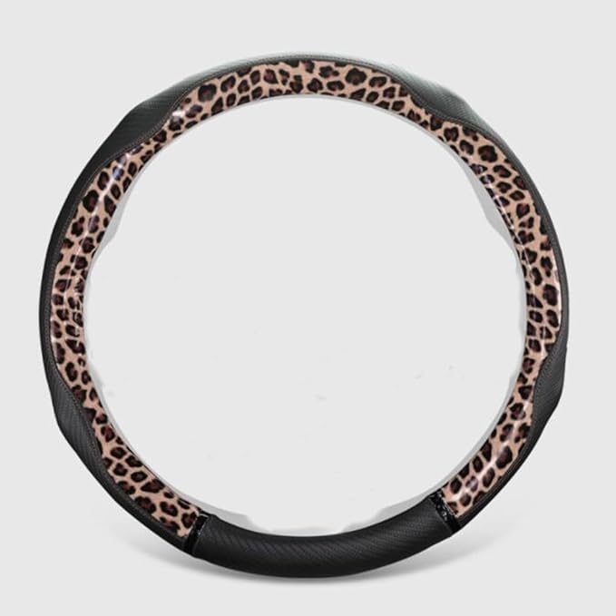 Peach Wood Grain Steering Wheel Cover Anti-Slip Breathable Durable Leather Four Seasons Universal 15 Inch Car Wrap Cover (Leopard-Coffee)