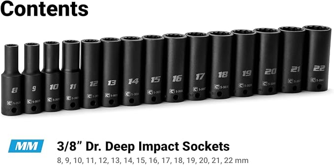 Capri Tools 3/8 in. Drive Deep Impact Socket Set, 12-Point, Metric, 8 to 22 mm, 15-Piece