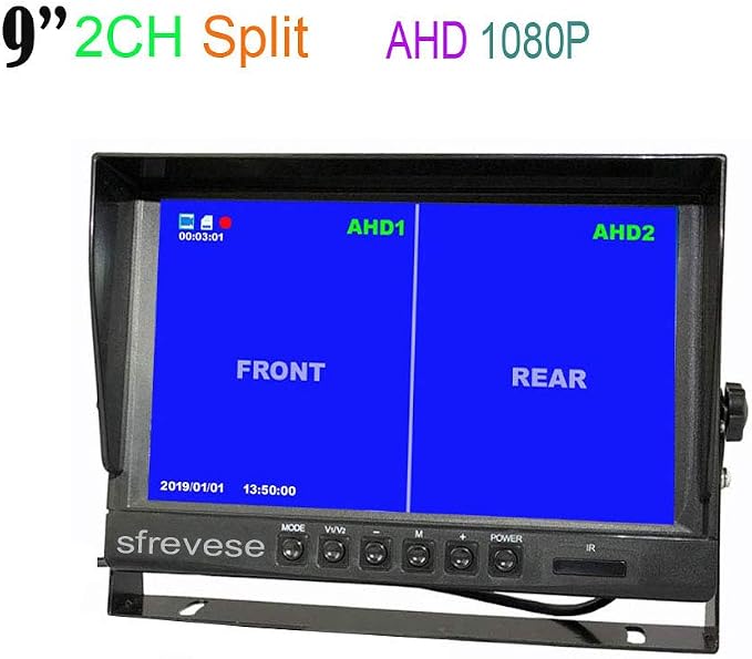 Vehicle Backup Rear View Car Camera and Monitor Kit,9" IPS SD DVR Recording 2CH Split Monitor + IP69 Waterproof Night Vision HD 1080P Rear Camera for Bus Trailer RV Camper Truck 12V-24V