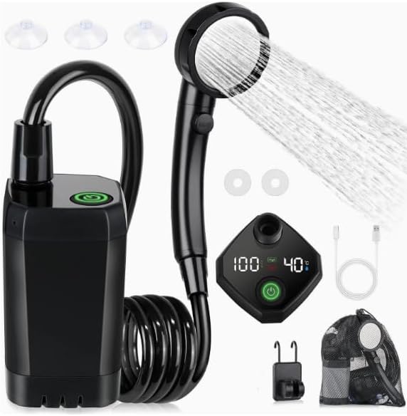 Portable Shower for Camping, 8000mAh Rechargeable Camp Shower Pump, LED Display Temp & Power, 5 Pressure Settings, 4 Spray Modes (+Spray Gun), IPX8 Waterproof, Ideal for Outdoor, Beach, Pet, Car Wash