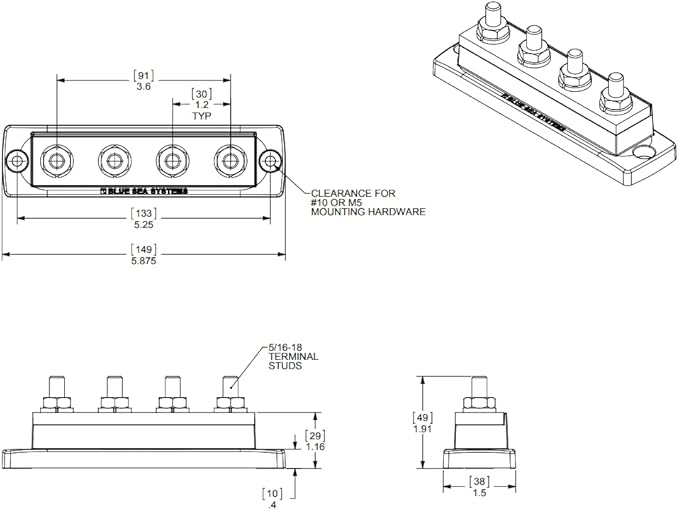 Blue Sea Systems 2127 250 Amp MaxiBus BusBar with 4 studs