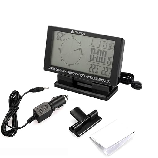 Digital Car Thermometer Black with Blue Backlight Compass Clock with Large LCD 3.9inch