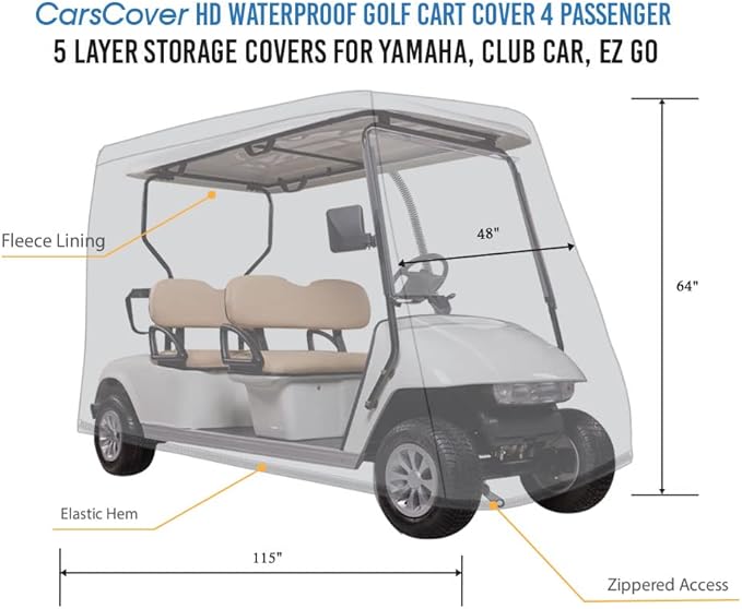 CarsCover HD Waterproof Golf Cart Cover 4 Passenger 5 Layer Storage Covers for Yamaha, Club Car, EZ Go (Fit up to 115 inch Long)