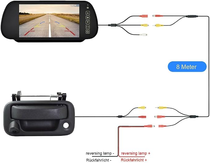 Car Rear View Trunk Handle Parking Reverse Backup Camera HD Waterproof for Toyota Hilux 8 MK8 Pickup Truck Masters OX AN120 AN130 Revo Recco/Invincible 50 2015-2019(with 7-inch Rearview Mirror)