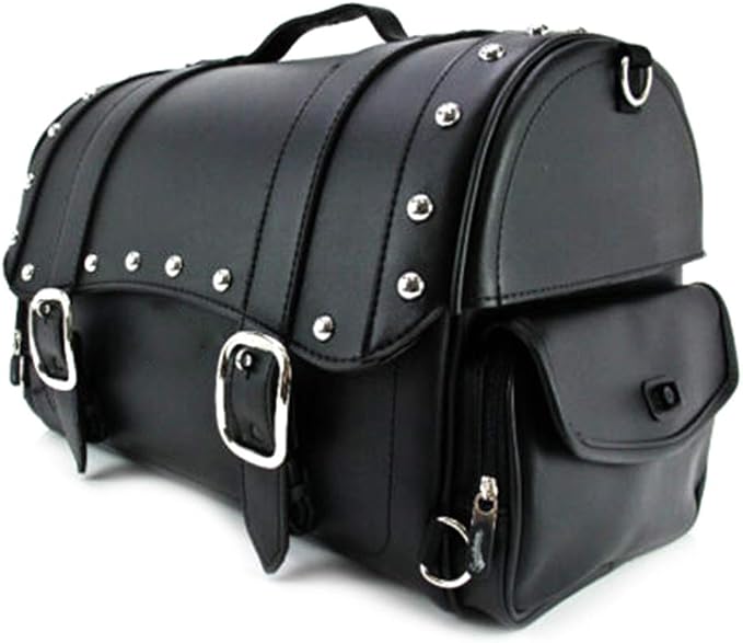 Motorcycle Saddle Bag, Waterproof Leather with Side Pockets Rear Seat Bag Gear Storage Luggage for Touring Motorbike (SB-286 Black)