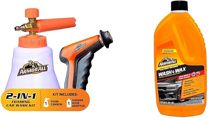 Armor All 2-in-1 Foam Cannon Kit, Car Cleaning Kit Ultra Shine Car Wash and Car Wax, Cleaning Fluid for Cars, Trucks, Motorcycles, 64 Fl Oz