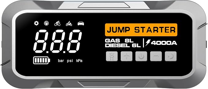 4000A Car Jump Starter with Air Compressor 150PSI Tire Inflator β 12V Portable Battery Booster Power Pack 20000mAh β Emergency Jump Box for 10L Gas 8L Diesel Engines with LED Light USB Charger