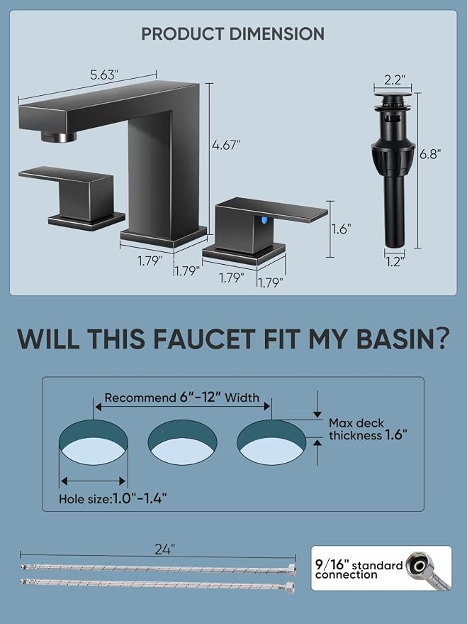 Cobbe Bathroom Faucets for Sink 3 Hole, Matte Black Bathroom Sink Faucet Square 8 inch Widespread with Pop-Up Drain, 2 Handle and 2 Supply Hoses, Lead-Free Stainless Steel for Vanity, Rv, Farmhouse