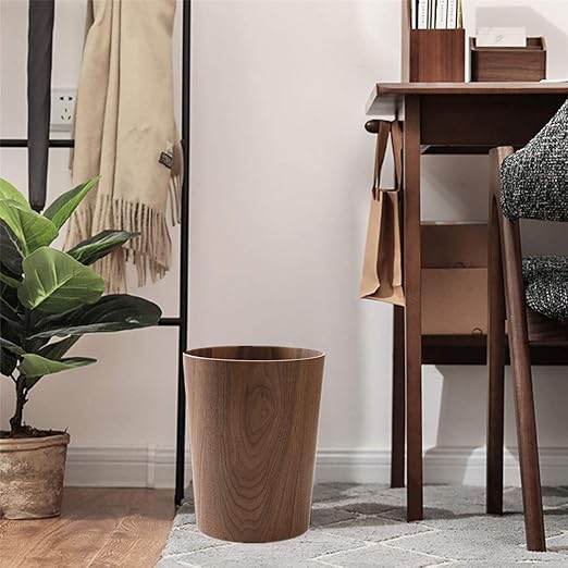 Round Stackable Wastebasket, Natural Wood Garbage Recycling Bin for Bathrooms, Kitchens, Home Offices (Dark Wood)