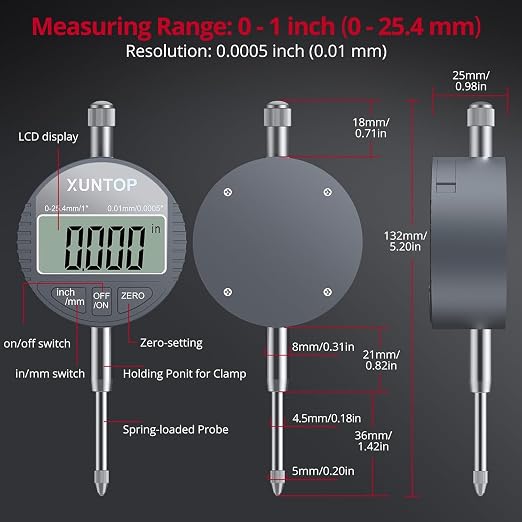 XUNTOP Digital Dial Indicator 1inch/0.0005inch with 132lbs/60kg Magnetic Base,Inch/Metric Conversion LCD Display Electronic Indicator, Dial Test Gauge for Lathe,3D Printer,CNC,Indusrial