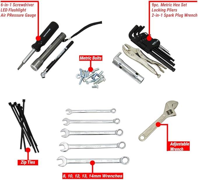 Pit Posse Motorcycle ATV Metric Tool Kit - Wrenches, Screwdriverm, Hex Set, Spark Plug Socket, Locking Pliers, Flashlight, Air Pressure Gauge, Bolts Compatible with Honda Kawasaki Yamaha Suzuki