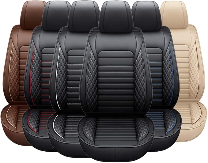 otoez Car Seat Covers Full Set, Black Leather Seat Cover Universal Fit for Most Car SUV Sedan Pick-up Truck, Waterproof Automotive Front and Back Seat Protector (Black)