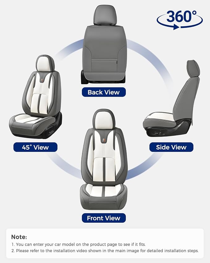 Huidasource Front Car Seat Covers Luxury Nappa Leather, Car Seat Covers Front Seats with Airbag, Front Storage Pocket, Lumbar Support Cooling&Heating Universal Fit for Most Cars SUV Trucks, Gray&White