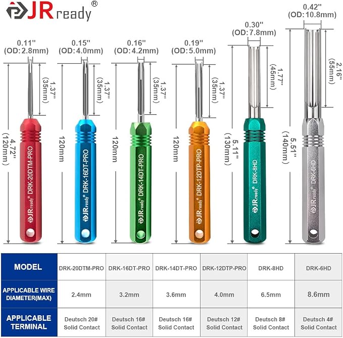 JRready ST5257-PRO Deutsch Connector Tool Kit for 4#8#16#12#20# Solid/Stamped Contacts 6-22 AWG, with Plastic DRK-RT1 Pin Removal Tool for Deutsch DT,DTM,DTP,DTV,HD Series Connector Release Tool