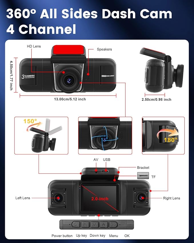 NHOPEEW 4 Channel Dash Cam 360° View, 1080P Front and Rear Inside Left Right Dash Camera for Cars - 2 inch IPS Screen Car Cameras with 8 IR Night Vision, Built-in Stereo, Loop Recording + 64G TF Card