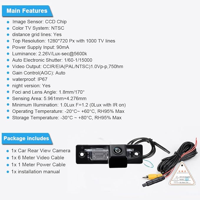 License Plate Backup Camera,HD Night Vision Reverse Camera,Waterproof Car Rear View Camera Replacement for BMW 3er E30 Cabriolet E30 Touring 5er E12 5er E28 6er E24 7er E23 E32 M1 E26 Z1 Roadster