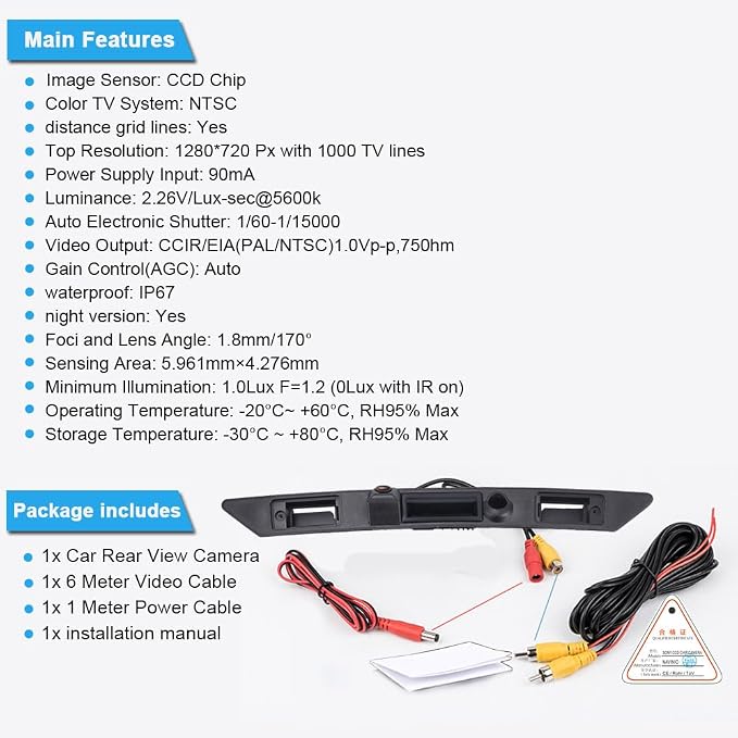 1280 * 720 Pixels HD Car Rear View Trunk Handle Camera Parking Reverse Back up Camera Replacement for Audi A4 B6 B7 A3 A6 Avant Kombi S3 S6 A8 S8 RS4 RS6 A5 Q7 Waterproof Night Vision
