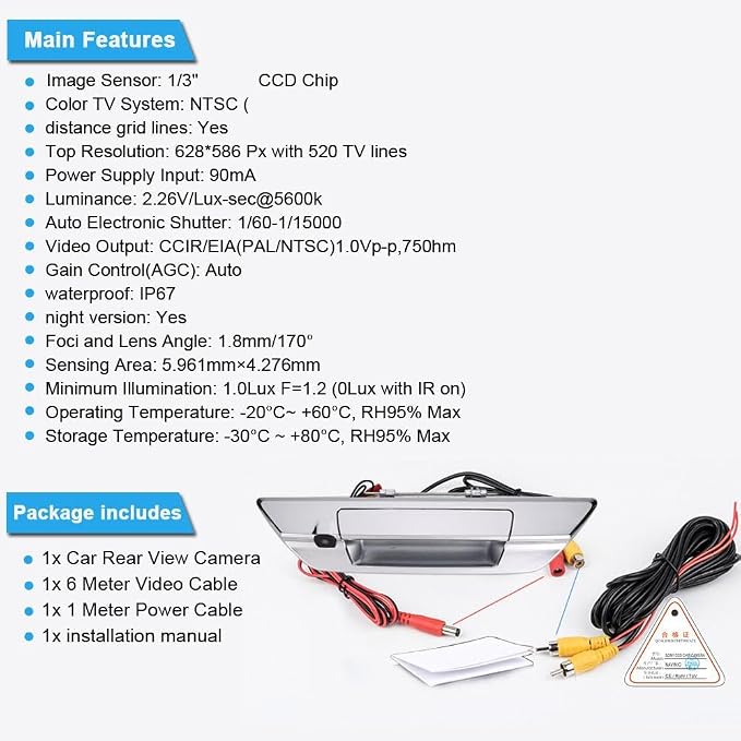Car Rear View Trunk Handle Camera Parking Reverse Back up Camera HD Night Vision Waterproof Replacement for Toyota Hilux 8 MK8 Pickup Truck Masters OX AN120 AN130 Revo Recco/Invincible 50 2015-2019