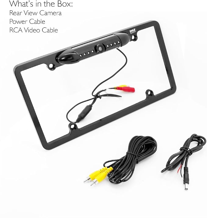 License Plate Frame Backup Camera - Built-in Distance Scale Lines Backup Parking Reverse Assist Marine Grade Waterproof IP-67 Adjustable Slim Bar Cam Night Vision w/ 420 TVL Resolution - Pyle PLCM29MS