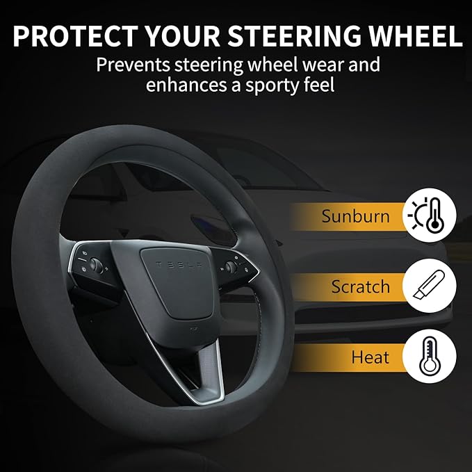 Uxcer Suede Steering Wheel Cover for Tesla Model 3/Y 2016-2025 2026 Juniper/Highland, Non-Slip Breathable Tesla Model 3/Y Steering Wheel Protector, Black
