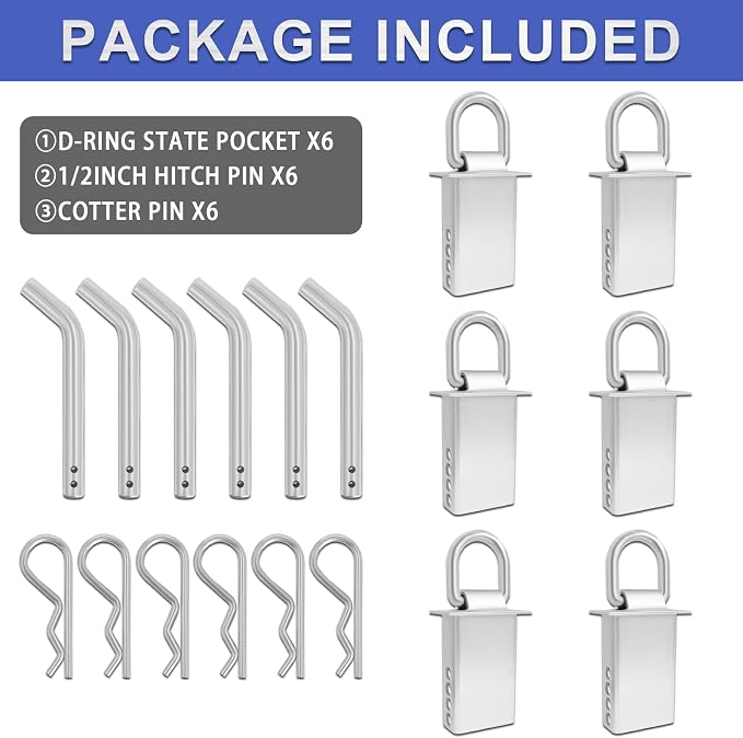 Hedday Trailer Stake Pocket D Ring 6PCS 16200lbs Heavy Duty Removable Adjustable D-Ring | Stake Pocket Tie Downs for Utility Trailers, Flatbed Trucks w/ 1/2" Hitch Pin(Silvery)