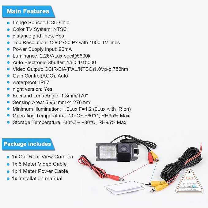 Vehicle Backup Camera,CCD Color Car Rear View Reverse Camera Park Assist for Dodge Viper Coupe/Compass M6 M7 MP MV/Grand Cherokee IV WK WK2 Van