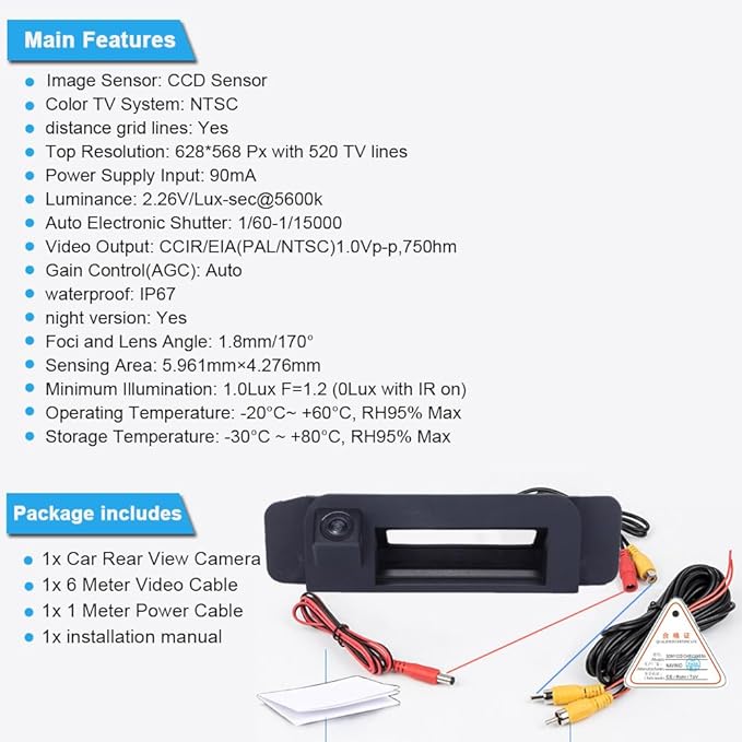 HD Rear View Camera Waterproof Car Trunk Handle Backup Camera Compatible with Mercedes Benz W205/CLA C200L C180L C260L Klasse C180 C200 C220 C250 C280 C300 C300D (02549=195 * 54mm)