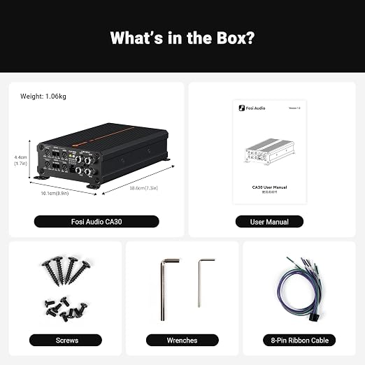 Fosi Audio CA30 4 Channel Car Amplifier Mini Class D 200x4 Peak 400 Watts, Micro Compact Amp Mono Subwoofer, RCA/High Level Input, 320W 2 Bridgeds, Low Noise HiFi for Vehicle Stereo Audio Sound System