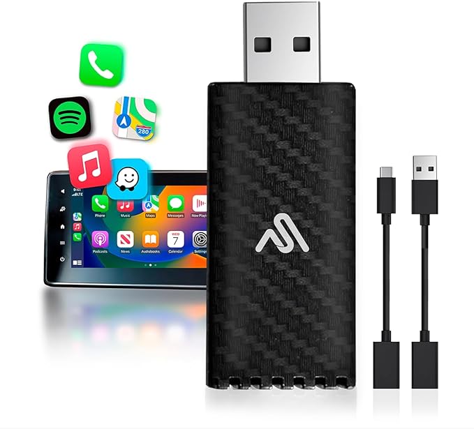 AutoSky Wireless CarPlay Adapter 2025 Pro Edition - Fastest and Most Compact Wireless CarPlay Adapter Factory Wired CarPlay Cars – USB-A and USB-C Cables – Wired CarPlay Required - OTA Updates.