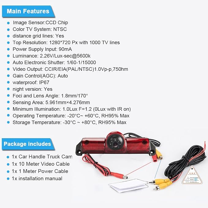 1280 * 720 Pixels Car Third Roof Brake Lamp Rear View Backup Camera Replacement for Chevrolet Express GMC Savana Vans Exporer Vans Cargo Waterproof Night Vision Parking Reverse Camera