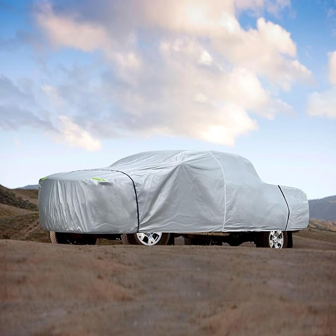 Truck Cover Waterproof All Weather, 6 Layers Pickup Cover with Zipper & Cotton Fit for Toyota Tacoma, Dodge Dakota, Nissan Titan (T2 Fit Truck Length Up to 230 inch), Silver