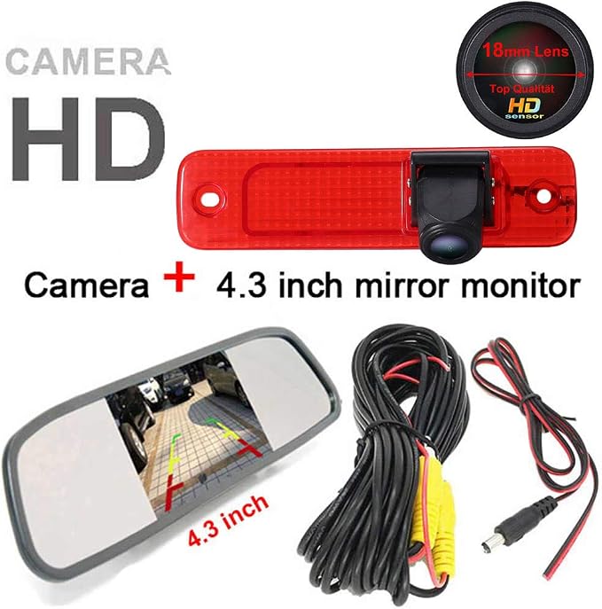1280 * 720 Pixel Third Roof Brake Lamp Car Backup Camera Replacement for Ford Transit Transporter Van 3 BJ 04.2006-01.2009 Ford Transit MK7 Tourneo Furgon MK4 Van 2006-2014+4.3" Reverse Mirror