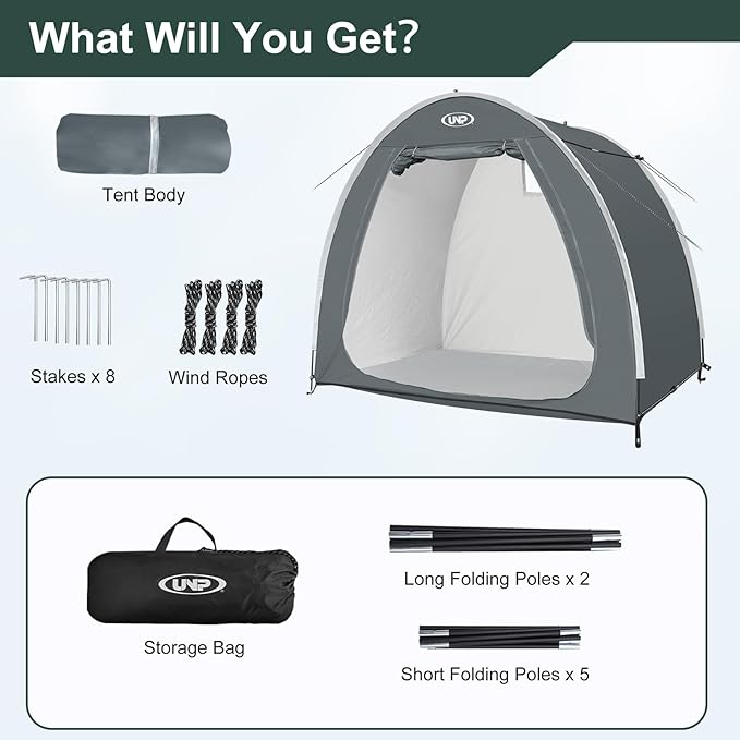 UNP Bike Storage Shed Tent, Portable Outdoor Bike Storage Tent with 210D Oxford Thick PU4000 Waterproof for 1/2/3/4 Bikes, Bike Covers Storage Shed for Bicycles, Lawn Mower, Garden Tools