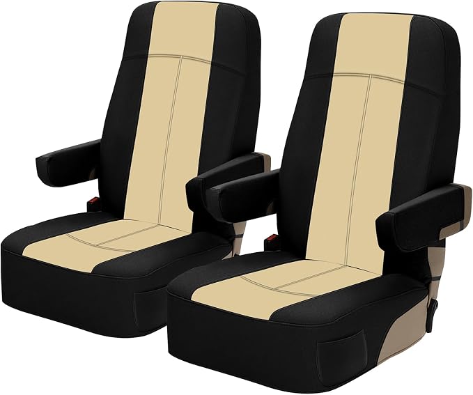 RV Seat Covers Compatible with Motorhome Captain Chairs, Driver & Passenger Leather and Neoprene Fabric Seat Covers, Black and Tan, 2pcs