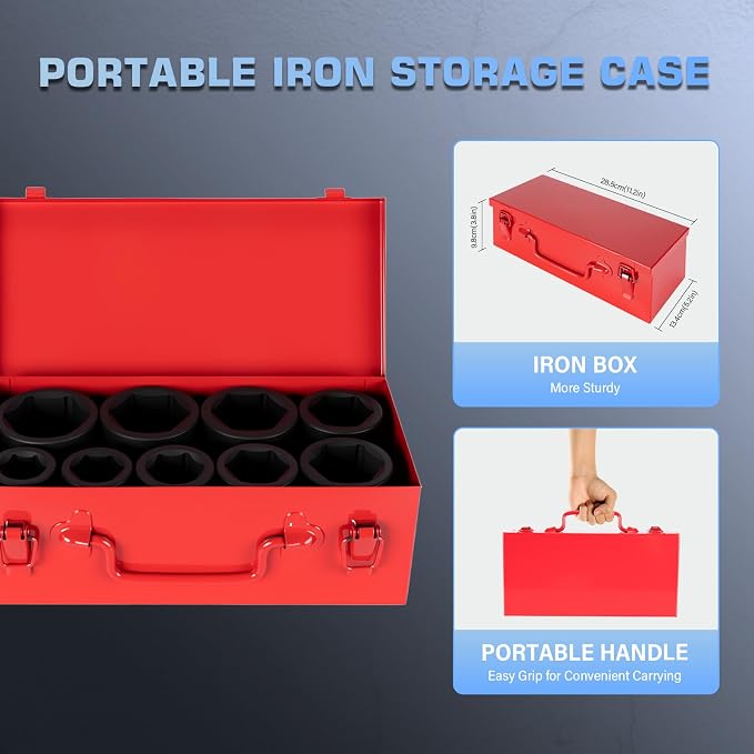 1" Drive Universal Impact Socket Set, 9 Pieces CR-MO Jumbo Socket Set,SAE Sizes (1",1-1/8",1-1/14",1-3/8",1-1/2",1-5/8",1-3/4",1-7/8",2"),6 Point with Adapter and Red Organizer