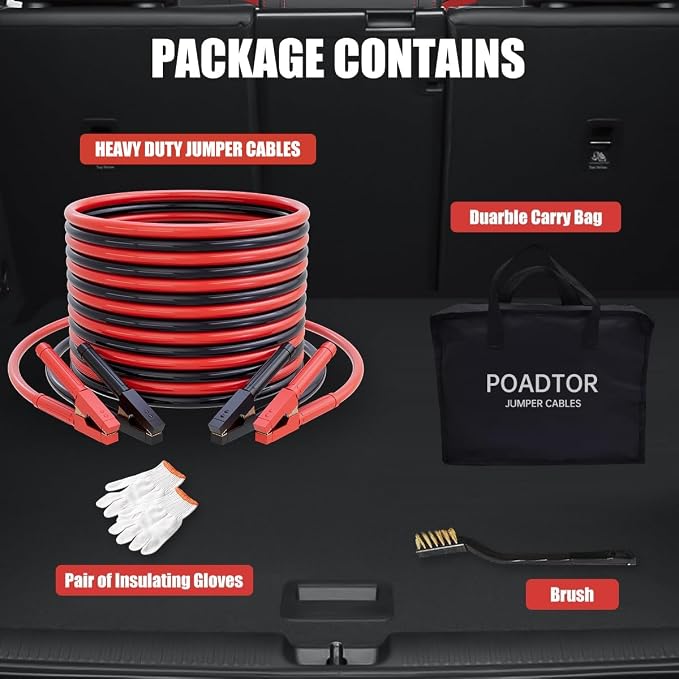 Heavy Duty Jumper Cables for Car Battery, 0 Gauge 25 Feet 1000AMP, Automotive Booster Cables for Jump Starting Dead or Weak Batteries, Suitable for 8L Gas & 6L Diesel, Carrying Bag Included